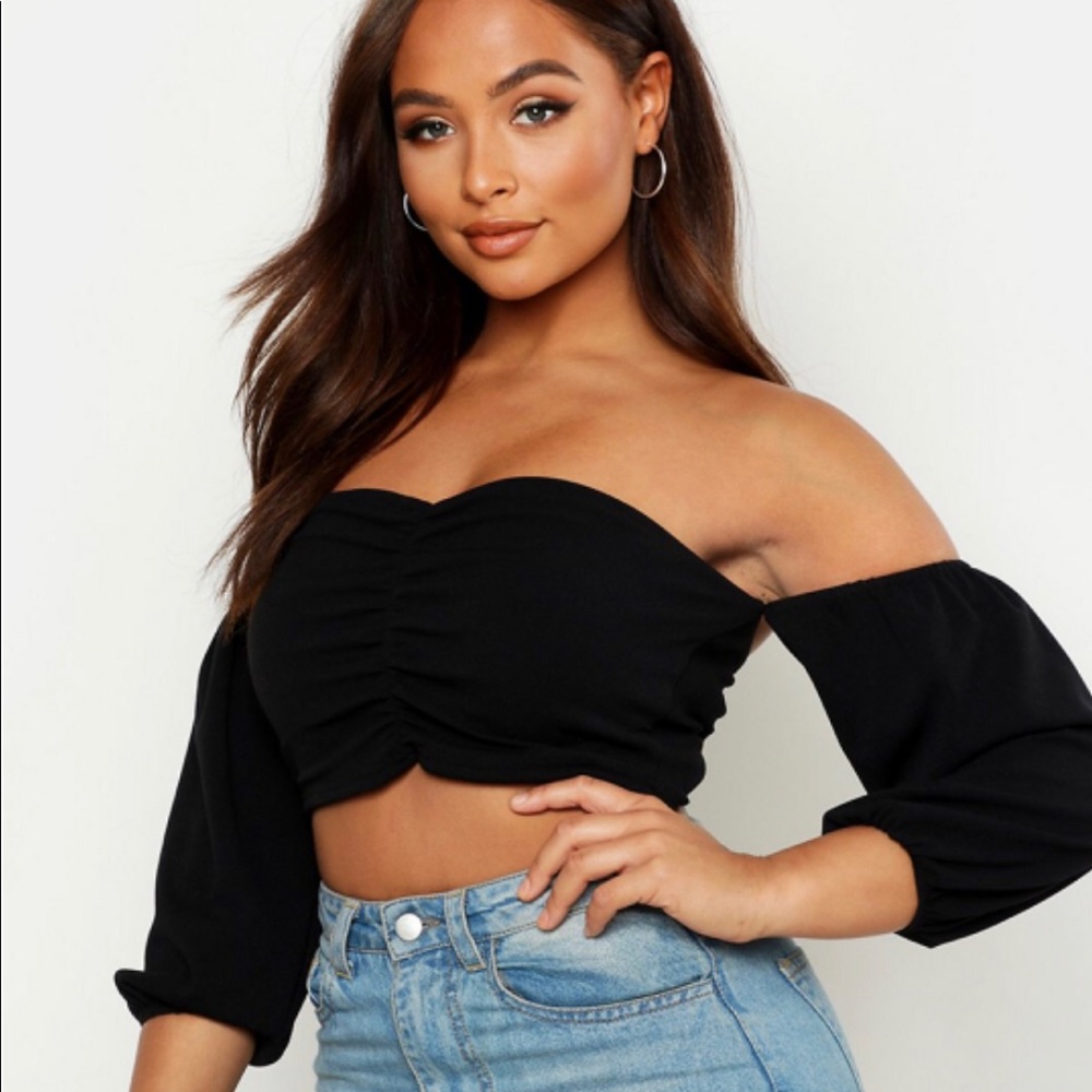 Crepe Ruched Off The Shoulder Crop Top